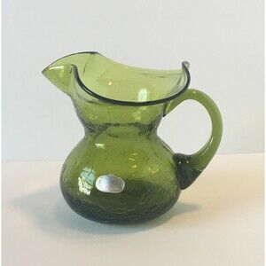 Vintage Rainbow Crackle Glass Pitcher Green Mid Century Art Glass Mini Pitcher